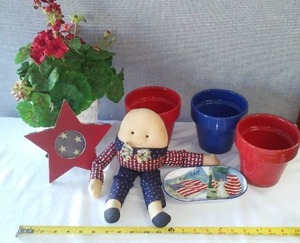 lot 200 image: Red, White Blue Lot. Old Glory, (3)  pots and More.