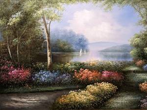lot 39 image: Elegant Framed Colorful Scenic Oil Painting