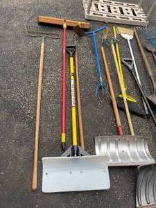 lot 252 image: Long Handled Tool Lot with Sterilite Tool Rack