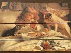 lot 298 image: Vintage Praying Girl With Pets Wall Hanging