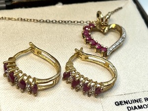 lot 457 image: Ruby and Diamond 18k Gold Over Sterling Silver Earrings and Necklace