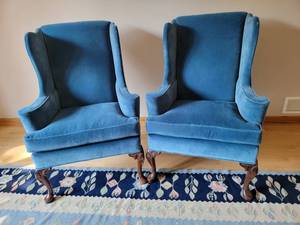 lot 12 image: Blue Velvet Queen Ann Arm Chairs, pair