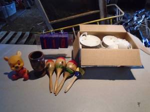 Lot of china plates, cups, bowls & maraccas. As shown.