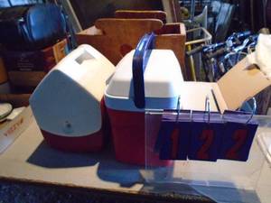 Qty of 2 small coolers & wood tote. As shown.
