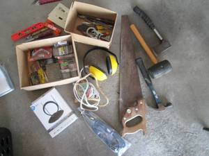 lot 15 image: Tools including hand saw, hammer, r...
