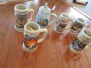 lot 155 image: 6 steins, 2 Budweiser, 3 Miller and...