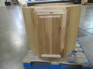 lot 875 image: ASSEMBLED CORNER KITCHEN CABINET 24X30X12 NATURAL HICKORY (LITTLE CHIP ON BACK SIDE OF CABINET, NO SHELVES)