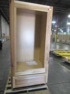 lot 877 image: HAMPTON BAY ASSEMBLED 33X72X24 DOUBLE OVEN KITCHEN CABINET IN NATURAL HICKORY (MISSING TOP CABINET, BOTTOM A LITTLE BEAT UP) (SEE PHOTOS)