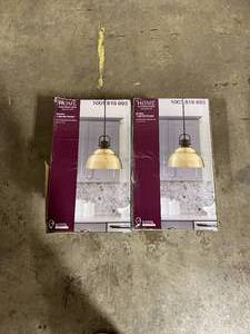 lot 44 image: Home Decorators Collection Shelston 13-in. 1-Light Antique Gold Farmhouse Hanging Kitchen Pendant Light with Metal Shade - Lot of 2