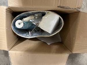 lot 55 image: Style Craft 31 in. Light Blue Table Lamp with White Hardback Fabric Shade
