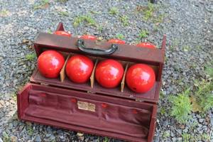 lot 184 image: Vintage Red Comet For-Fire Fire Extinguisher Bomb Set with Case