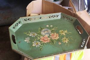 lot 243 image: Vintage Green Metal Serving Tray, Baby Toy