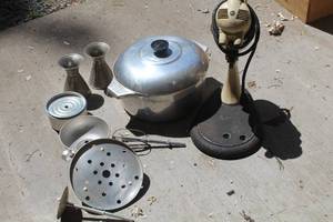 lot 290 image: Sunbeam Automatic Mixmaster Mixer w Attachment, Cooking Pot w Lid, Coffee Filter Assembly, Metal Containers