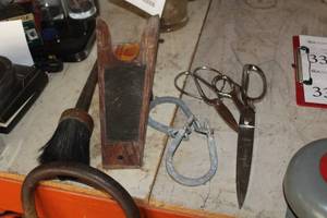lot 297 image: Lot of (5) Hand Tools - Scissors (x2), Shoe Puller, Chinese Puzzle, Brush