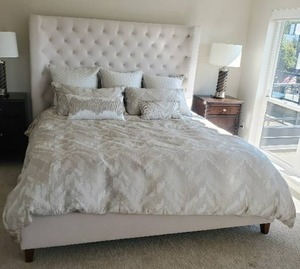 Velvet (or similar) Upholstered King Sized Bed Frame with Bedding