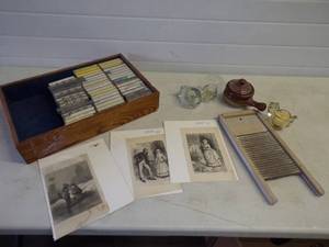 1870 Pearson Magazine pages, Vintage Cassette Tapes, Antique Small Wash Board, Oven ware and Glass Animal Candle Holders