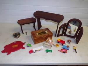 Wood Box, Snake Skin Book,  Candle holder for Christmas Tree, Vintage Toys, Mini Powder Room Mirror and Mini Stools, Jewelry Box