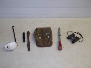 Small Military Pouch , Binoculars and Duck Call, Antique Push Drill, Laurel Stove Top Handle, Porcelain Ladle
