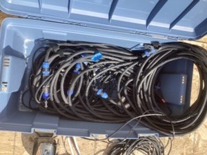 Tote of Misc DJ Cables and lights
