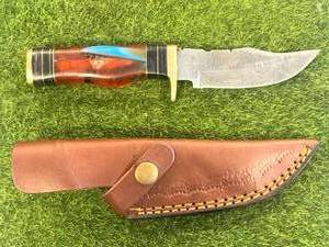 Custom 8 Damascus Knife with Hand Stitched Leather Sheath