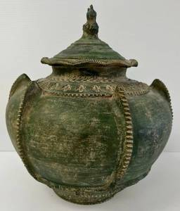lot 9 image: Very Old Ornate Clay Pot With Lid 14 12 T x 14