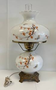 lot 19 image: 22 14 T Vintage Hurricane Style Lamp Oriental Cherry Blossom And Butterfly Pattern