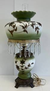 lot 22 image: 25 12 T Very Ornate Metal Worked Hurricane Style Lamp With Hanging Crystals
