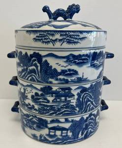 lot 40 image: (RARE) Bombay Porcelain Blue Willow Tiffin Lunch Box Chinese Dragon Stacking Three Tier Dish 11 x 8 (No Cracks Or Chips)