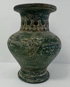 lot 45 image: Ornate Green Pottery Vase 9 12 x 8 (No Cracks Or Chips)