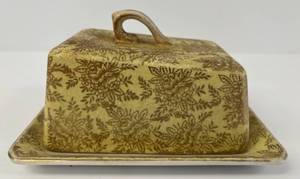 lot 49 image: Vintage BCM Nelson Ware Ornate Yellow And Gold Cheese Plate (Crazing Throughout) 6x5x3 12