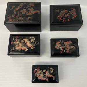lot 52 image: Vintage Oriental Themed Laquer Nestting Boxes 1 5 12 x 4 x 2 12 1  5x3 12x 2 38 1 4 12 x 3 18 x 1 34 1 4x 2 38x 1 58 1 3 12 x 2 14 x 1 12