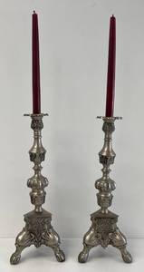 lot 58 image: Pair Of Vintage Cast metal Ornate Candle Holders With Candles 16 x 6
