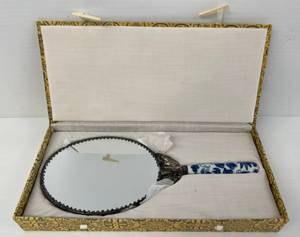 lot 59 image: Vintage Ornate Oriental Themed Blue & White Porcelain And Metal Hand Mirror With Box