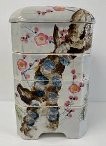 lot 60 image: Vintage 1950s Dinnerware, Japanese Bento Box With Cherry Blossom Design 10 12 x 6 x 6