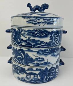 lot 64 image: (RARE) Bombay Porcelain Blue Willow Tiffin Lunch Box Chinese Dragon Stacking Three Tier Dish 11 x 8 (No Cracks Or Chips)