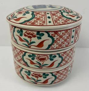 lot 66 image: Japanese Artist Signed Oriental Themed Porcelain Jubako Bento Stacking Three Teir Lunch Box 7 x 6 12 (No Cracks Or Chips)