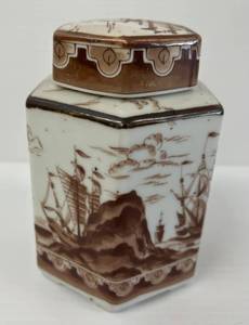 lot 69 image: Vintage Oriental Ginger Jar With Lid And Nautical Theme 5 12 x 3 12 (No Cracks Or Chips)