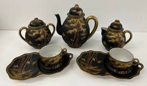 lot 72 image: Antique Japanese Oriental Themed Black And Gold tea set With Makers Mark (No Cracks Or Chips)