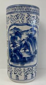 lot 129 image: Vintage Oriental Themed Blue & White Umbrella Holder 17 34 x 9 (No Cracks Or Chips)