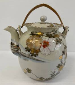 lot 142 image: Vintage Japanese Bone China Teapot With Oriental Design And Bamboo Handle 5 12 x 6
