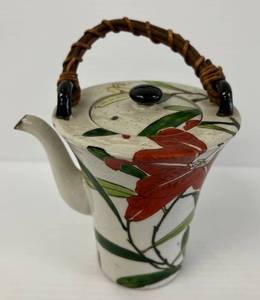 lot 147 image: Vintage Japanese Pottery Teapot With Oriental Floral Design And Bamboo Handle 5 x 5 12