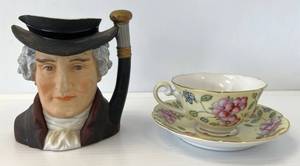 lot 152 image: Leftons  Figural Mug And Diamond Japan Cup And Saucer (No Cracks Or Chips)