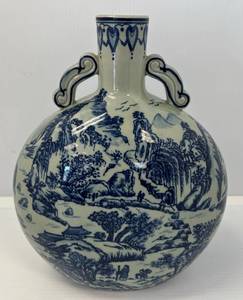 lot 158 image: 14 Tall Chinese Pottery Gray And White Oriental Themed Jug (No Cracks Or Chips)