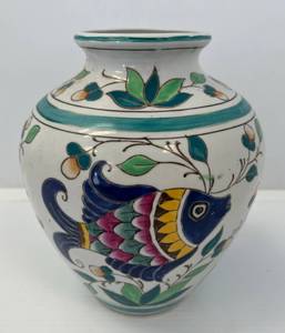 lot 164 image: Japanese Porcelain Vase With Multi Colored Glazed Floral Fish Design 9x  7 12 (No Cracks Or Chips)