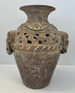 lot 179 image: Large Clay African Themed Vase With Elephant Head Handles 14 x 12 (No Cracks Or Chips)