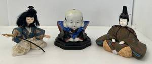lot 180 image: Three Japanese Figurines 2 Porcelain And Fabric 5 And 1 Porcelain With Base 4 (No Cracks Or Chips)
