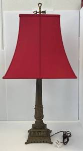 lot 196 image: Antique Ornate Casted Metal Lamp With Shade 34 Tall (Works)
