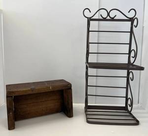 lot 201 image: Group Including Decorative Metal Shelf And Vintage Wooden Stool
