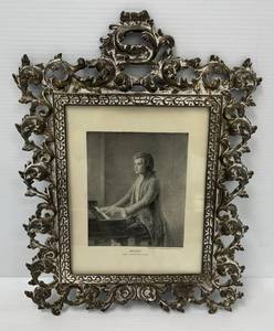 lot 220 image: Antique Heavy Metal Picture Frame With Mozart Print 17x 13