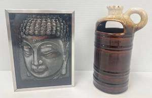 lot 225 image: Vintage Pottery Vessel And Framed Metal Panel Budda Head (No Cracks Or Chips)